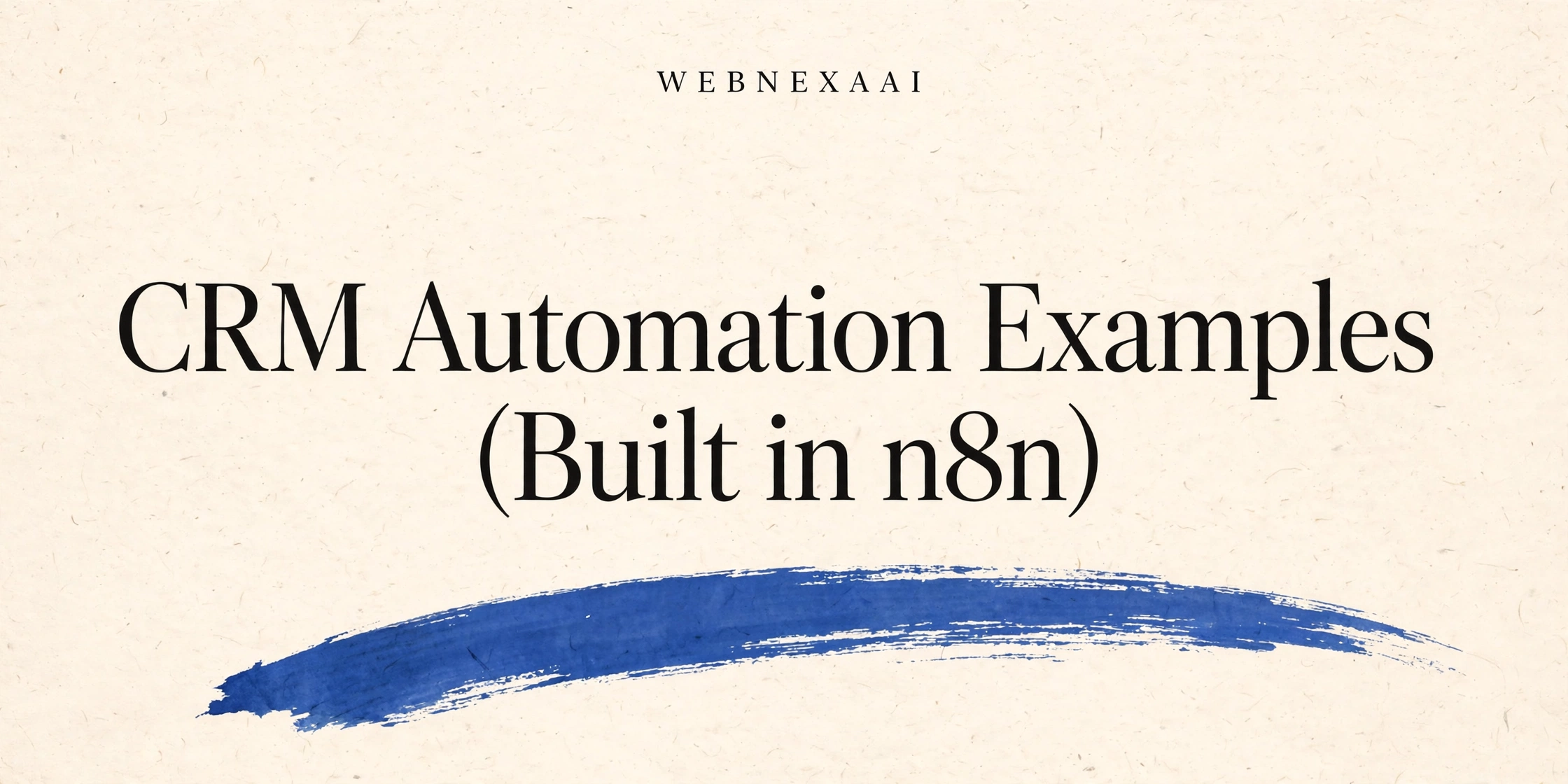 Cream paper blog cover with the title CRM Automation Examples Built in n8n in serif type above a deep blue brushstroke